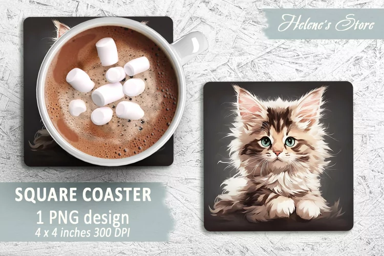 Cute baby cat Maine Coon Square Coaster sublimation design