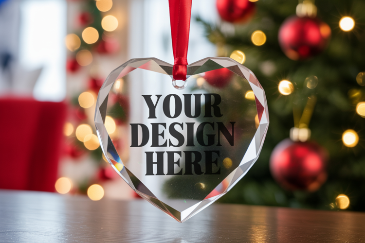 Christmas Heart Crystal Glass Ornament Mockups