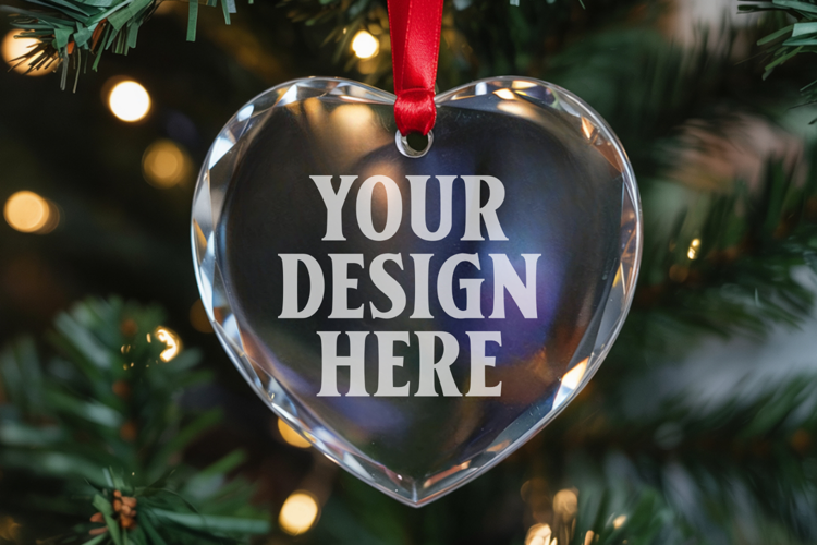 Christmas Heart Crystal Glass Ornament Mockup | Clear Heart