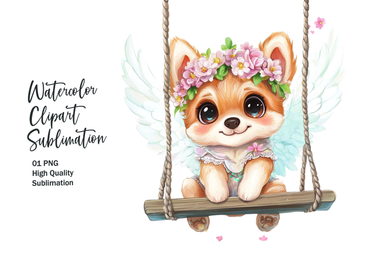 Cute dog sitting in wooden swing clipart png