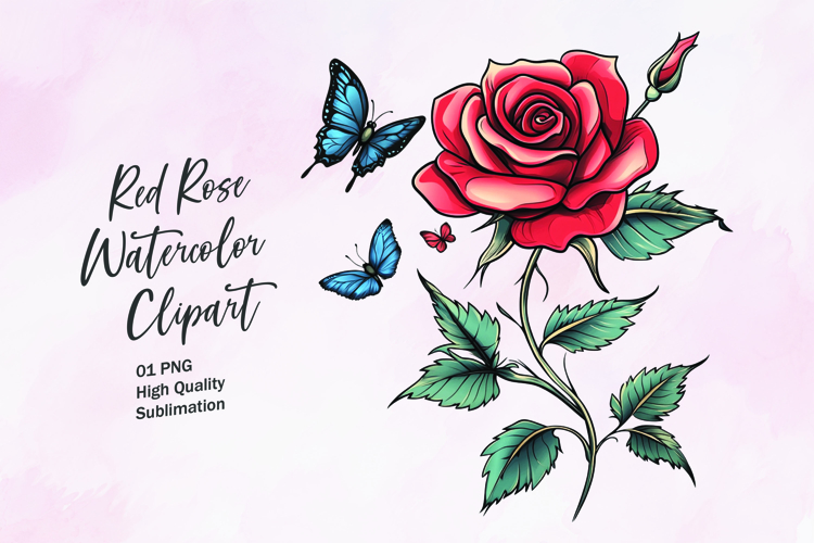 Red rose with butterfly watercolor clipart sublimation