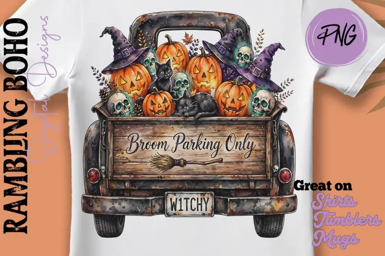 Broom Parking Only Old Halloween Pickup Truck