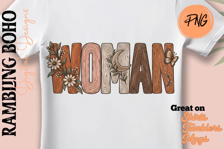 Woodgrain Woman Powerful Floral Word Art example image 1