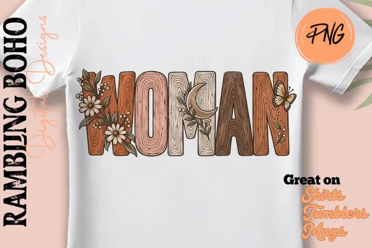 Woodgrain Woman Powerful Floral Word Art