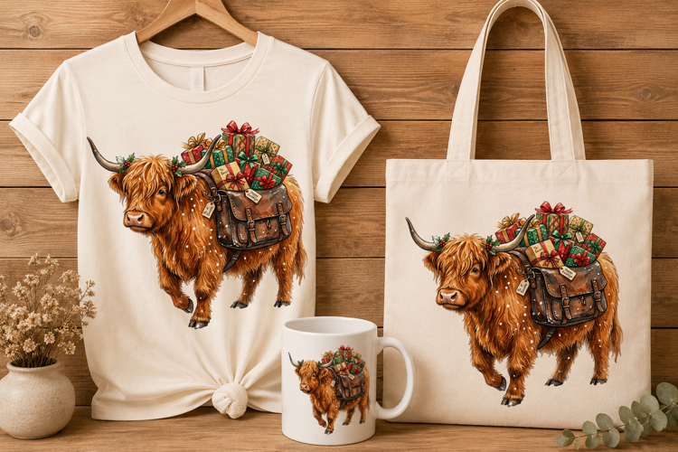 Highland Cow Delivering Christmas Gifts Watercolor Art PNG