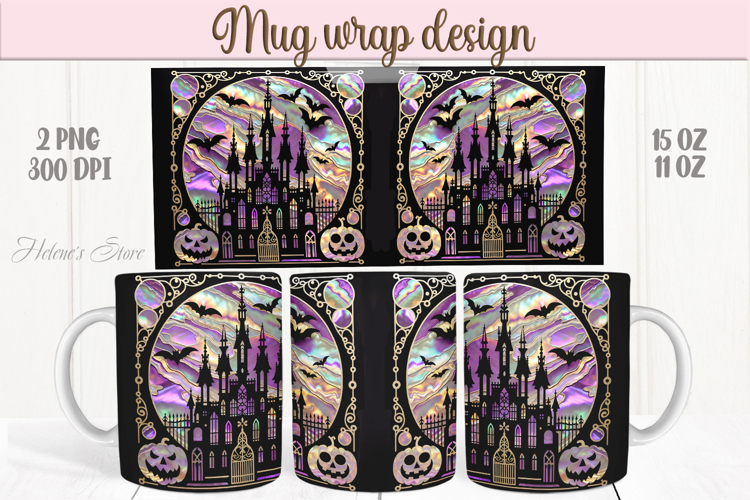 Cute purple Halloween house patterns iridescent mug wrap png