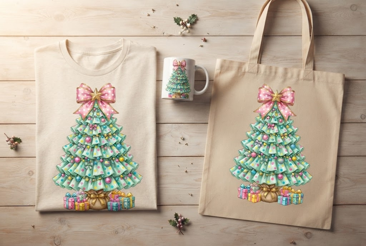 Pastel Ruffled Christmas Tree Bows and Gifts Art Print