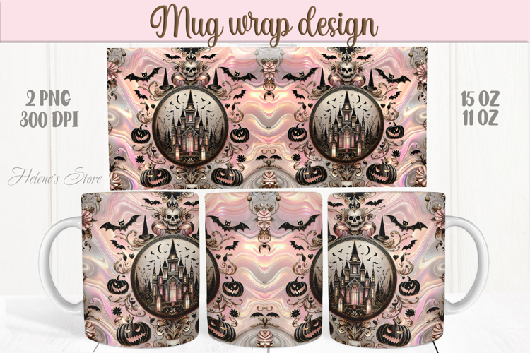 Cute pink Halloween house patterns iridescent mug wrap png