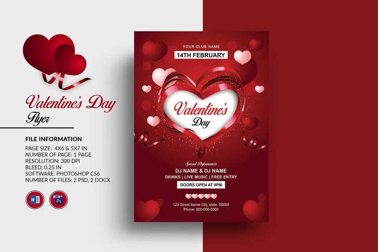 Valentine's Day Party Flyer, Ms Word and Photoshop Template example image 1