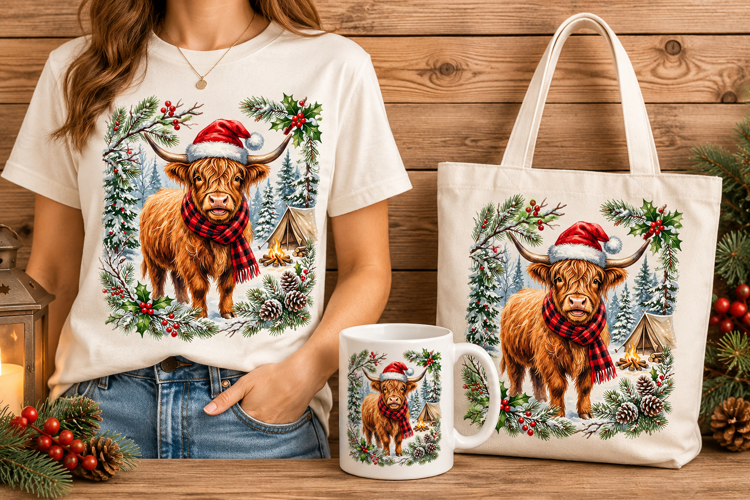 Highland Cow Santa Hat Buffalo Plaid Winter Art