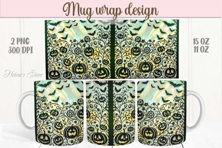 Cute green Halloween black bat pumpkin patterns mug wrap png