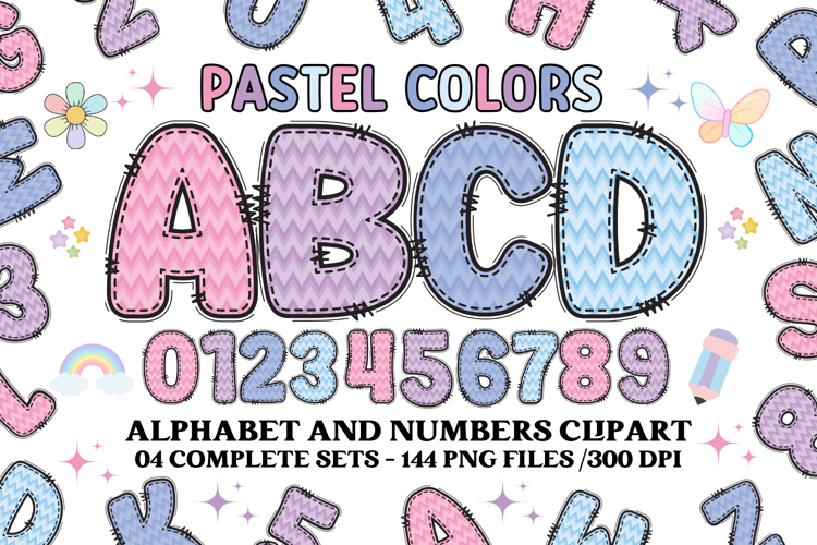 Pastel Patchwork Alphabet & Numbers PNG Clipart Bundle