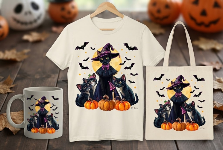 Halloween Witch Cat Family PNG | Black Cats, Bats & Pumpkins