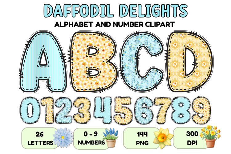 Daffodil Floral Patchwork Alphabet PNG Clipart 300 DPI