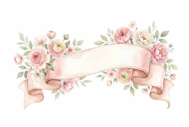 Watercolor ribbon banner with floral decoration