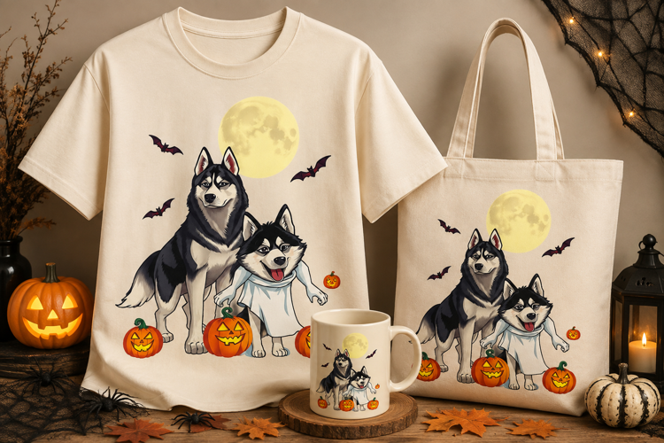 Husky Halloween PNG | Ghost Dog, Pumpkins & Full Moon Clipar