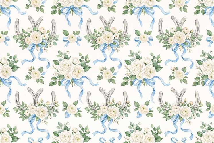 seamless pattern, wedding horseshoe, white roses lucky charm