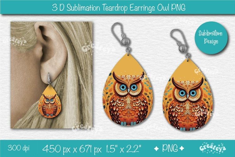 3D Earrings sublimation 3D Teardrop earrings Owl earrings example image 1