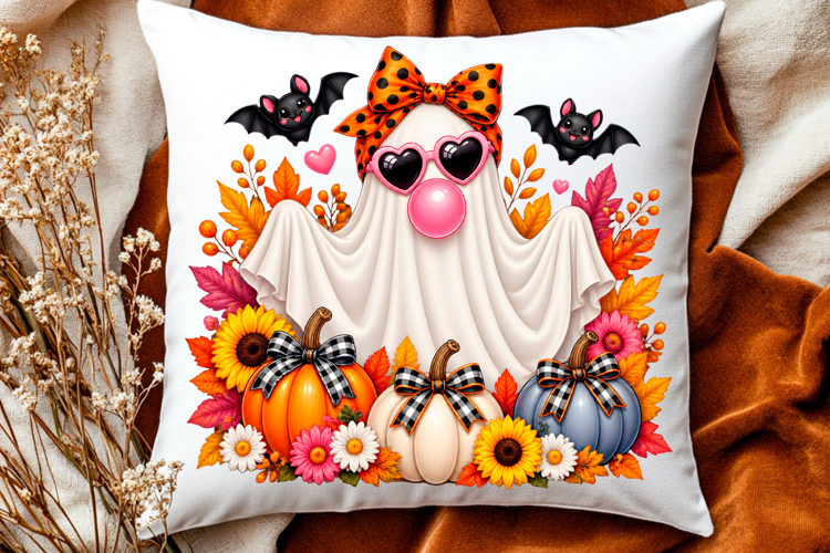 Cute Halloween ghost with pumpkin bow and autumn floral