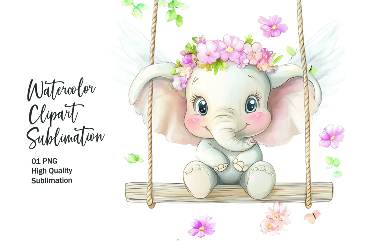 Cute elephant sitting in wooden swing clipart png