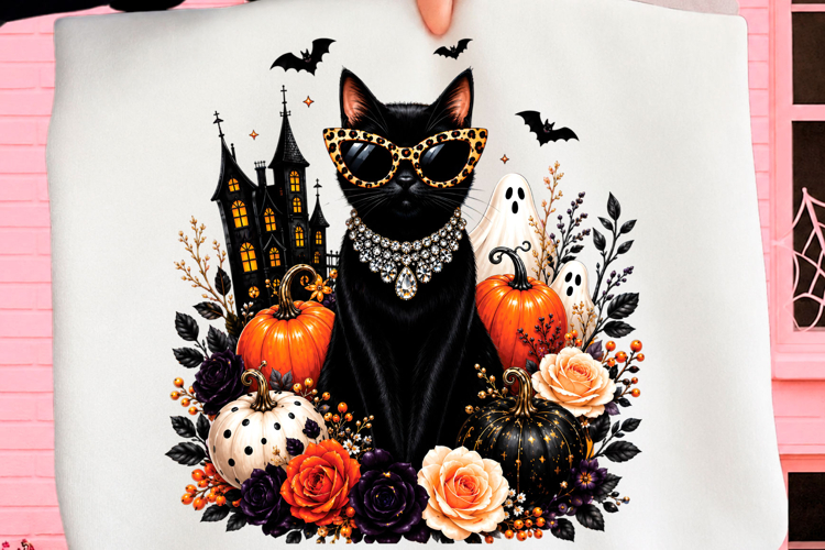 Preppy Halloween Black Cat PNG