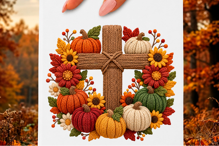 Faux Yarn Fall Cross Pumpkin Wreath PNG example image 1