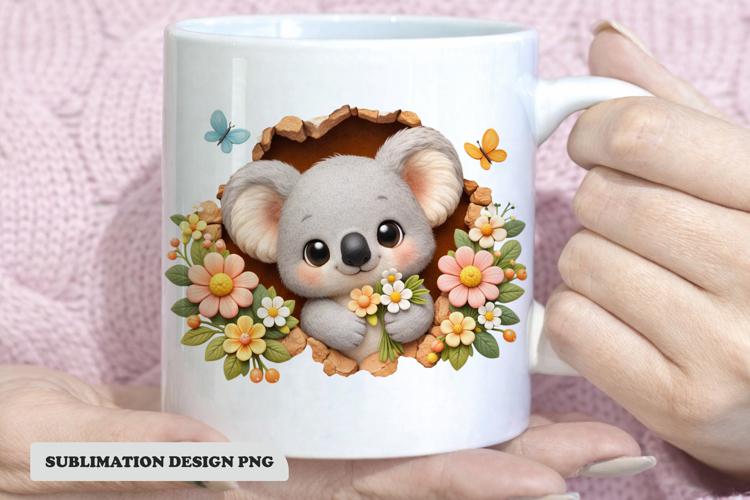 Cute Koala Floral Mug Design PNG | Baby Koala Sublimation