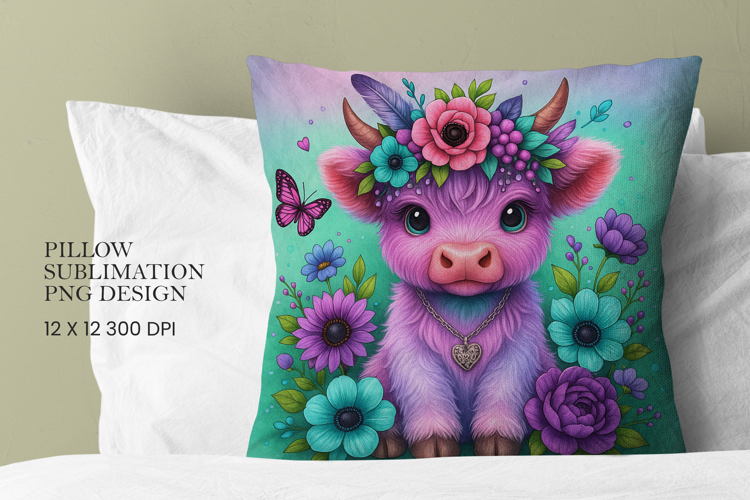 Highland Cow Flowers Pillow Sublimation PNG