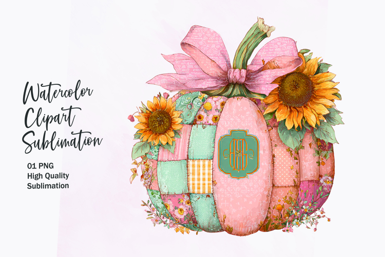 Floral Pumpkin with Bow Watercolor Clipart Sublimation