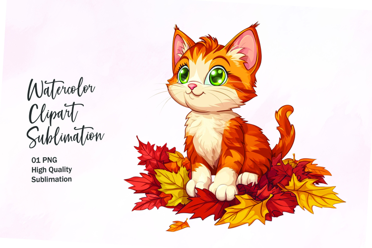 Cute cat with autumn leaves clipart png