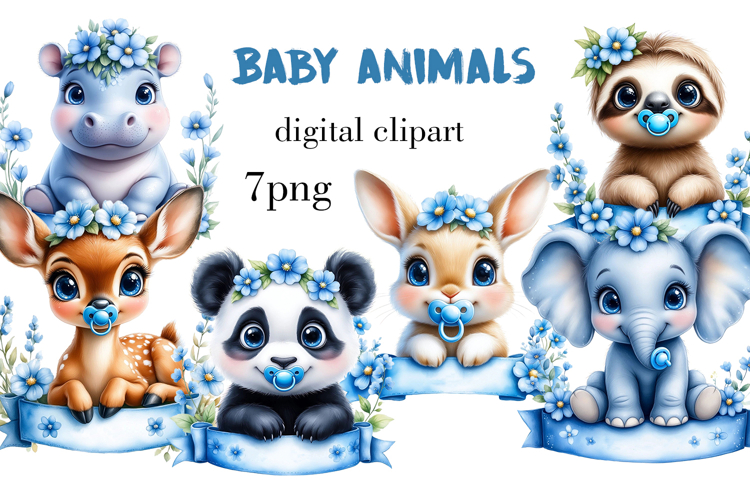 Baby Animals Clipart Bundle2 - Blue Flowers