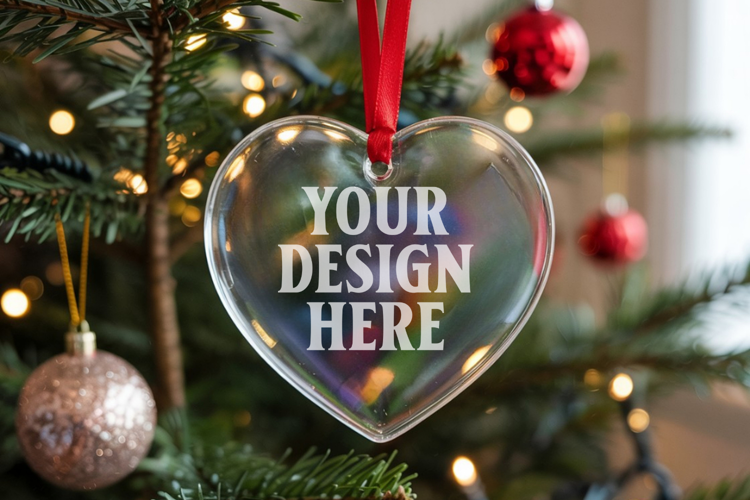 Christmas Heart Crystal Glass Ornament Mockup | Clear Heart