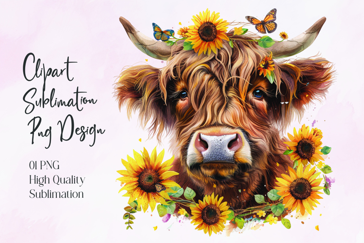 Highland Cow Sunflower Floral Sublimation PNG