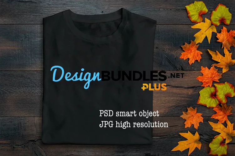 Black T-Shirt mockup Autumn leaves decoration PSD full wrap
