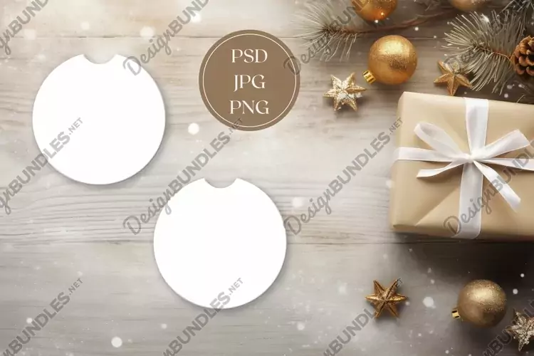 Christmas Car Coasters Mock Up Design, Wooden Table Mockup