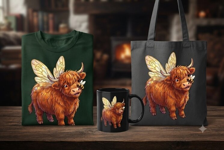 Fairy Highland Cow PNG | Magical Cow with Bee Clipart example image 1