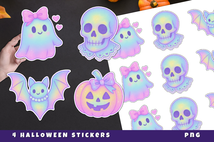 Neon Halloween Stickers PNG |Ghost, Pumpkin, Skull, Bat
