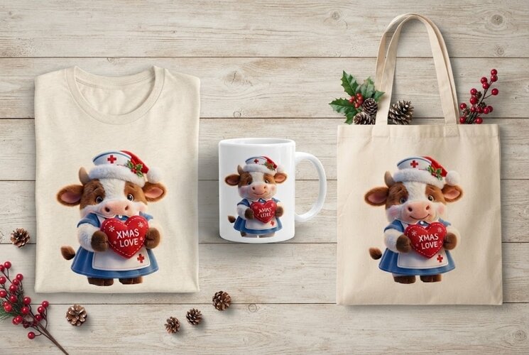 Christmas Nurse Cow Xmas Love Santa Hat Heart Art example image 1