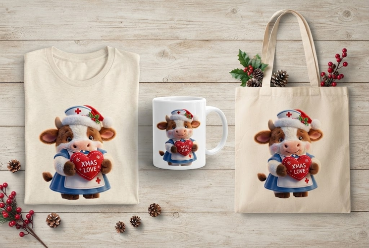 Christmas Nurse Cow Xmas Love Santa Hat Heart Art