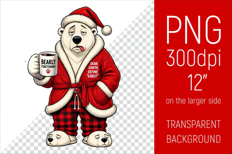 Funny Morning Coffee White Bear in Santa Hat
