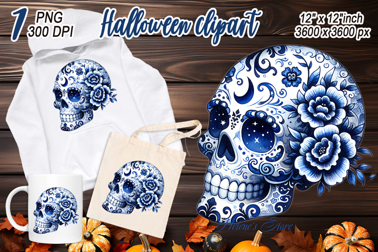 Cute blue Halloween floral skull clipart t shirt designs png