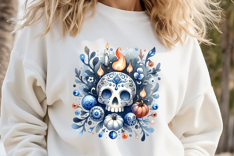 Cute blue Halloween floral skull clipart t shirt designs png