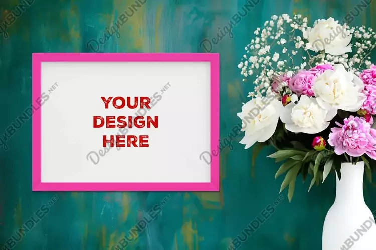 Frame mockup on grunge industrial wall with vase and flowers
