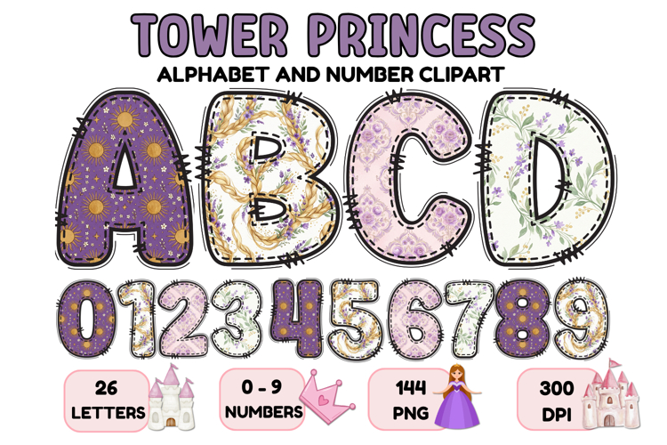 Tower Princess Alphabet Clipart PNG, Letters doodle 300 DPI