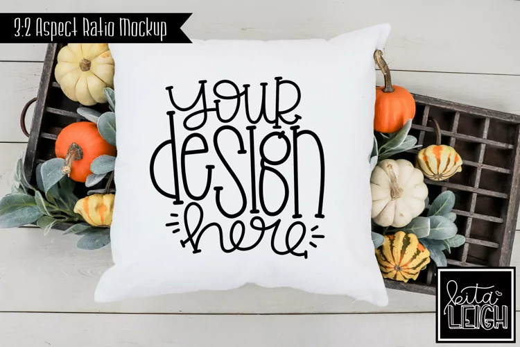 Pillow Fall Mock-up with Pumpkins | Stylized Stock Photo