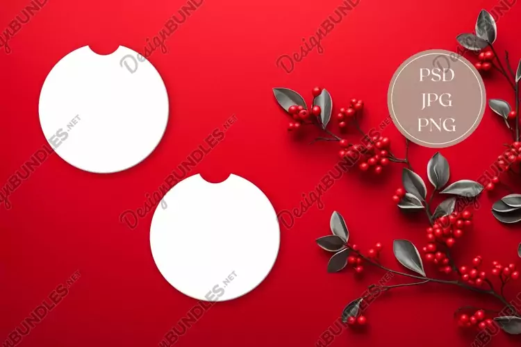 Christmas Car Coasters Mock Up Design, Flat Lay Mockup