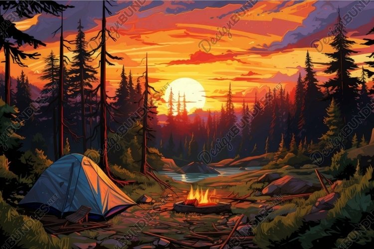 Serene Tent forest sunset. Generate Ai
