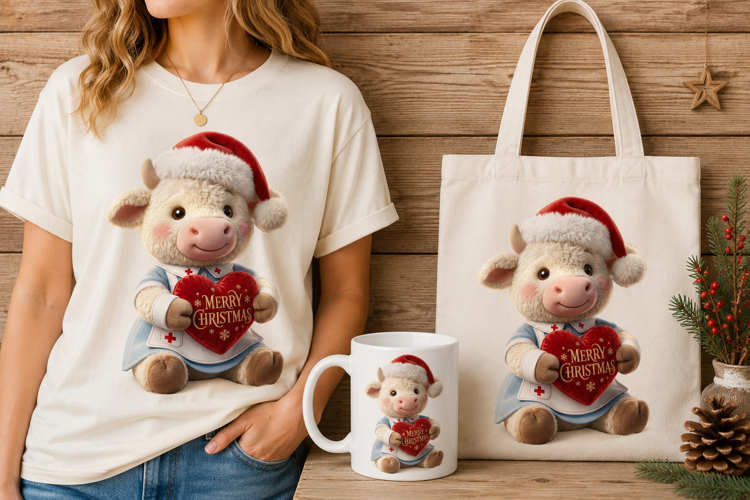 Plush Nurse Cow Merry Christmas Santa Hat Heart Art