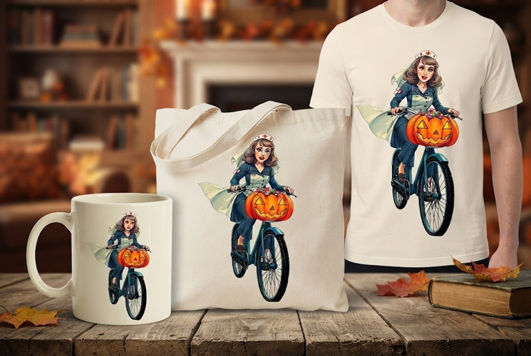 Halloween Nurse Pumpkin Bike PNG | Spooky Nurse Clipart