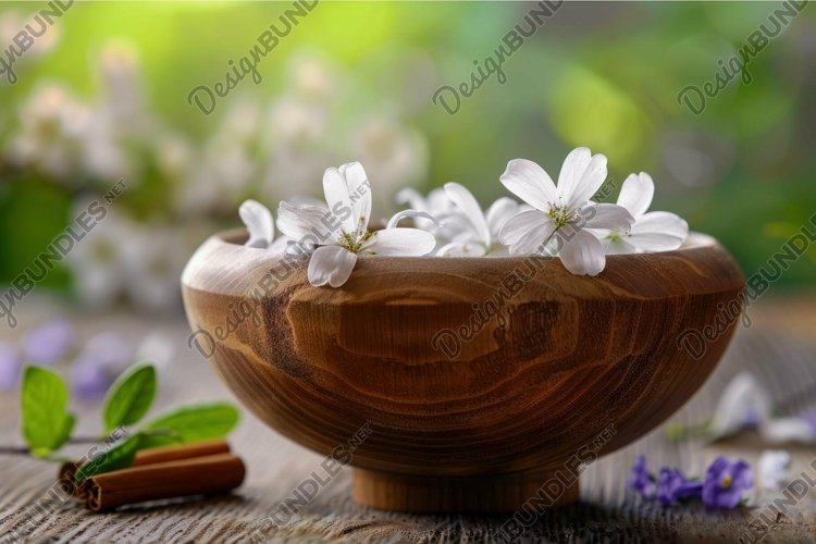 Wooden bowl filled with white flowers on a table creating a
